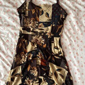 brown and cream patchwork midi dress